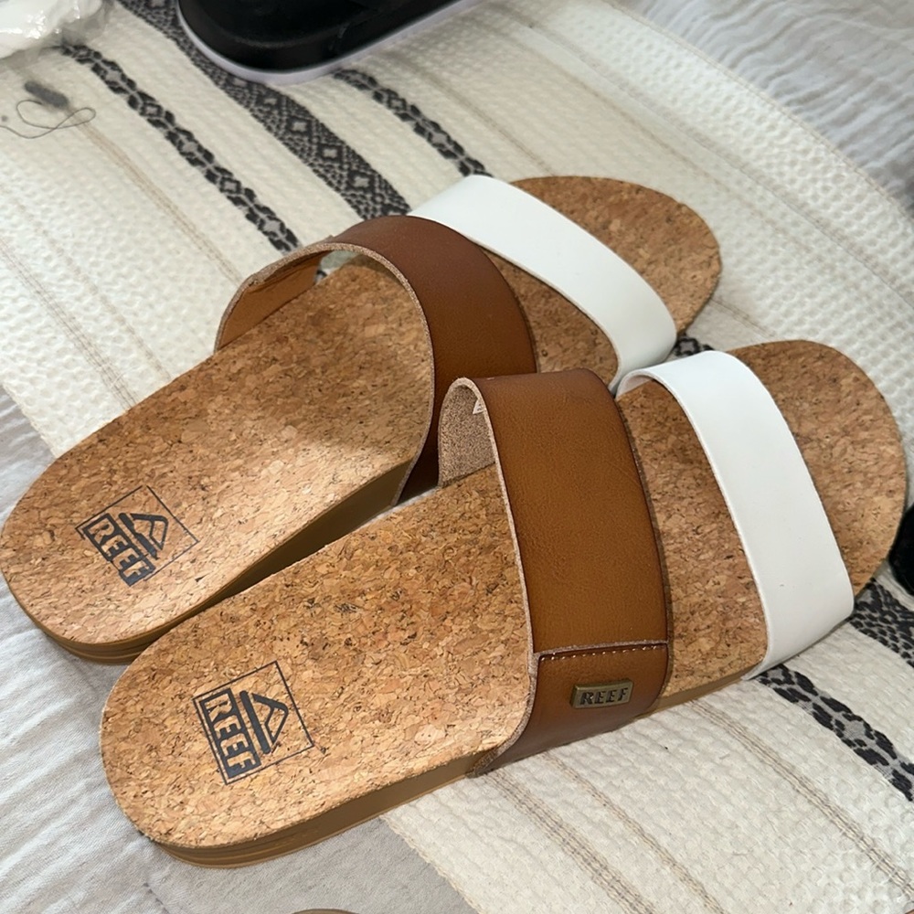 Reef Brown and White Cork Slide Sandals